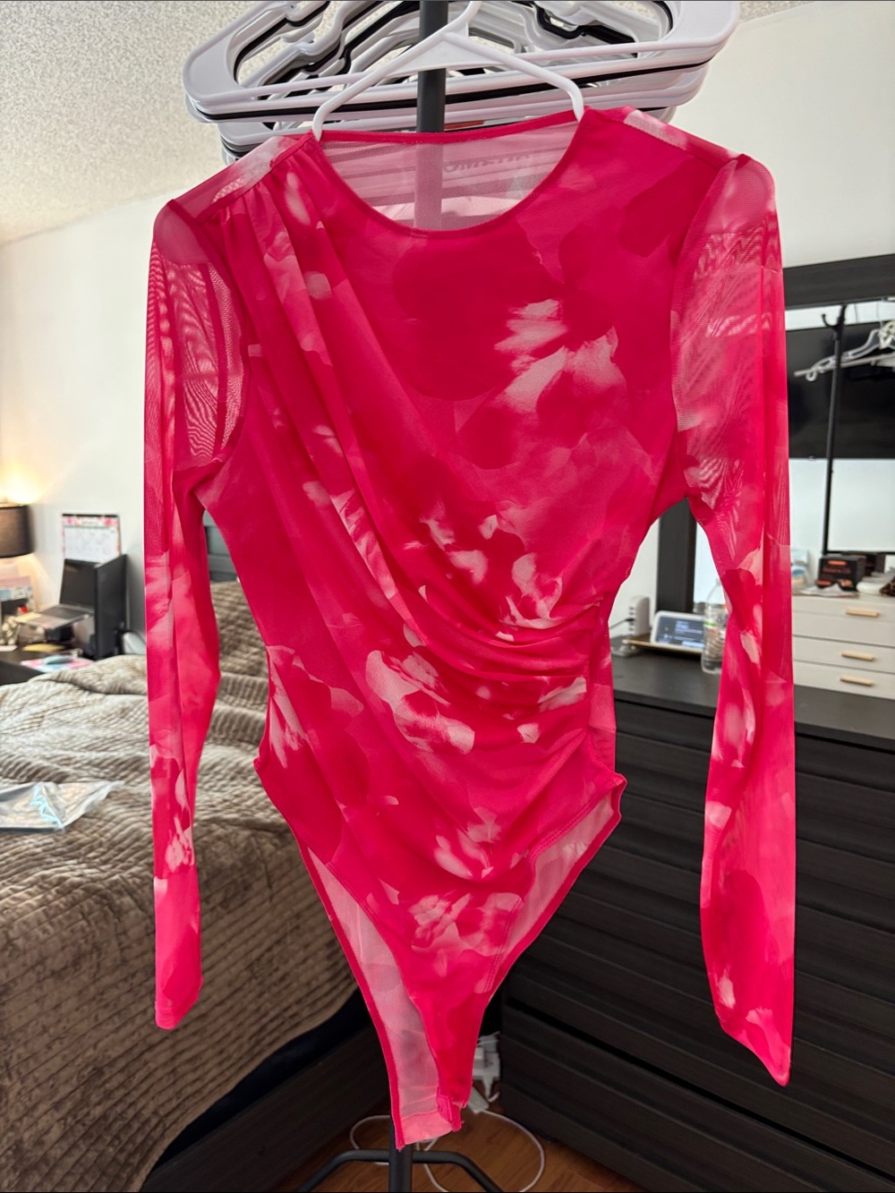 SHEIN Hot Pink Tie-Dye Mesh Long Sleeve Bodysuit